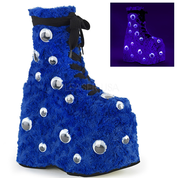 Shoes - 7" Platform Blue Fur Festival Lace-Up Ankle Boots